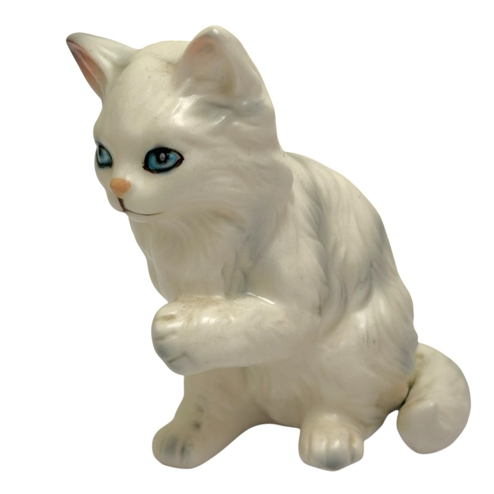 Vintage Lefton H1513 White Gray Persian Kitten Cat‎ Figurine Porcelain Japan